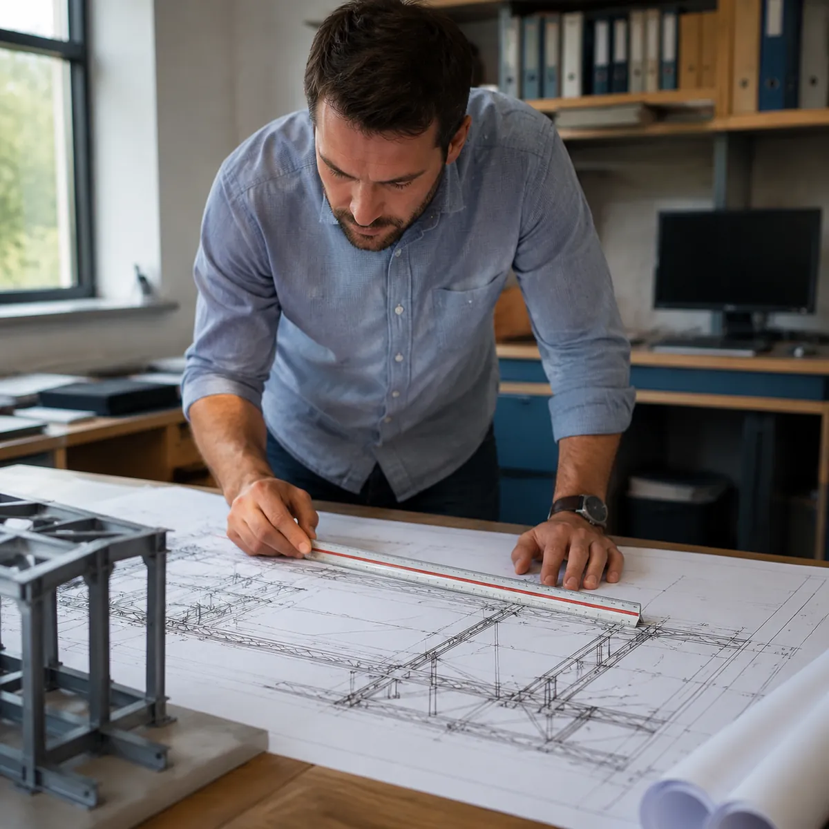 Engineer reviewing steel structure drawings for permit approval