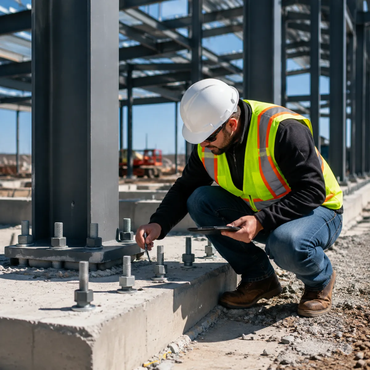 Site inspection of anchor bolts on a steel building foundation