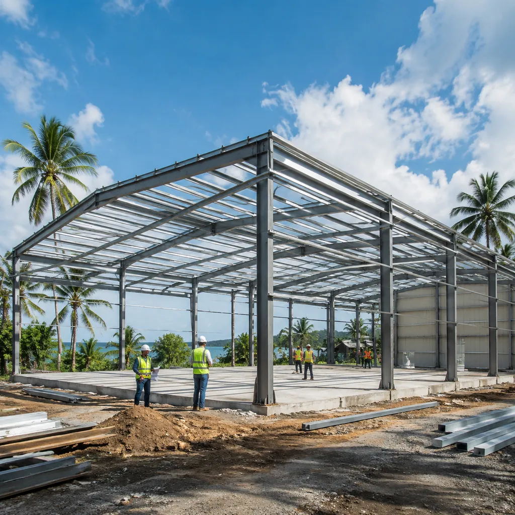Photorealistic wide shot of a modern prefab steel warehouse building with clear-span portal frame under construction in a tropical coastal setting with palm tre