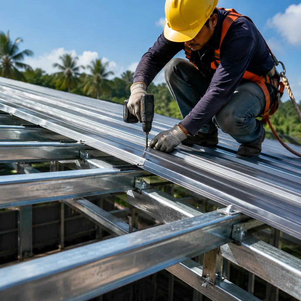 Steel roof purlins and cladding fastened on a prefab warehouse in the Philippines