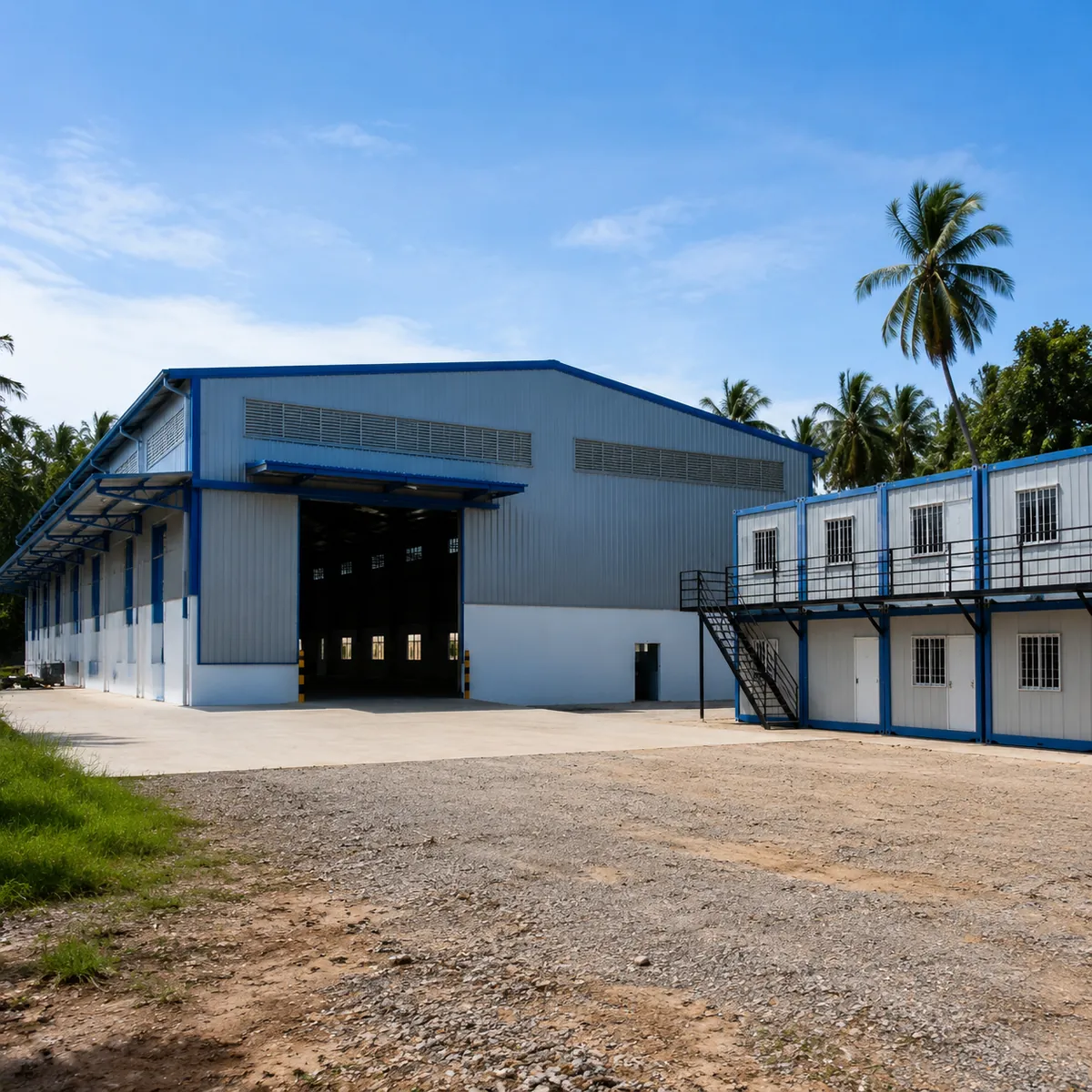 Completed steel warehouse with container house staff quarters in the Philippines
