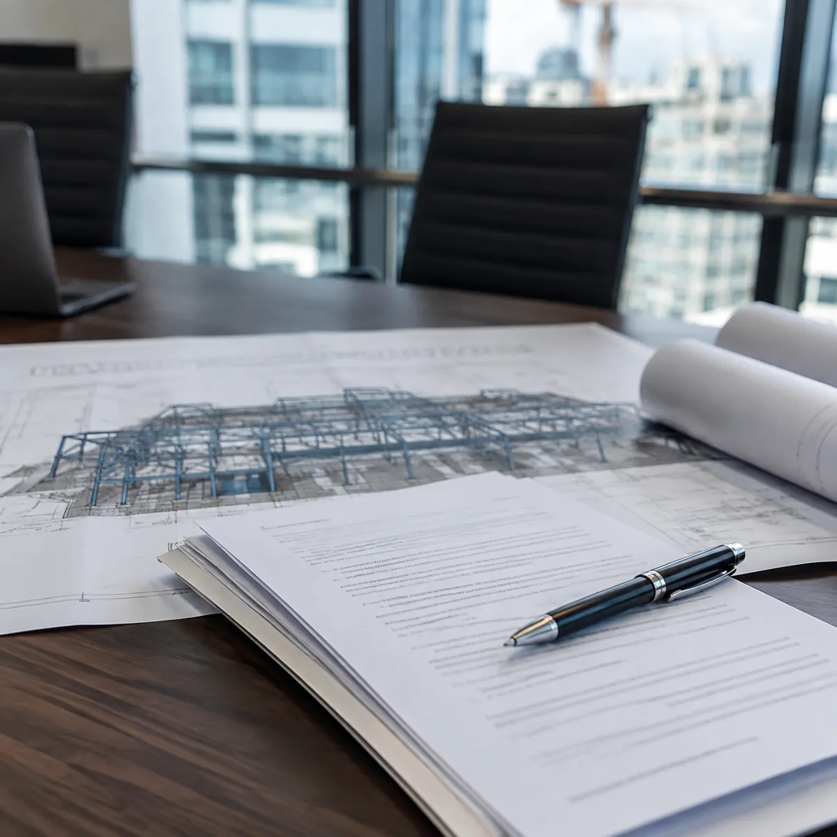 Contract and proposal documents on a desk with steel drawings in background