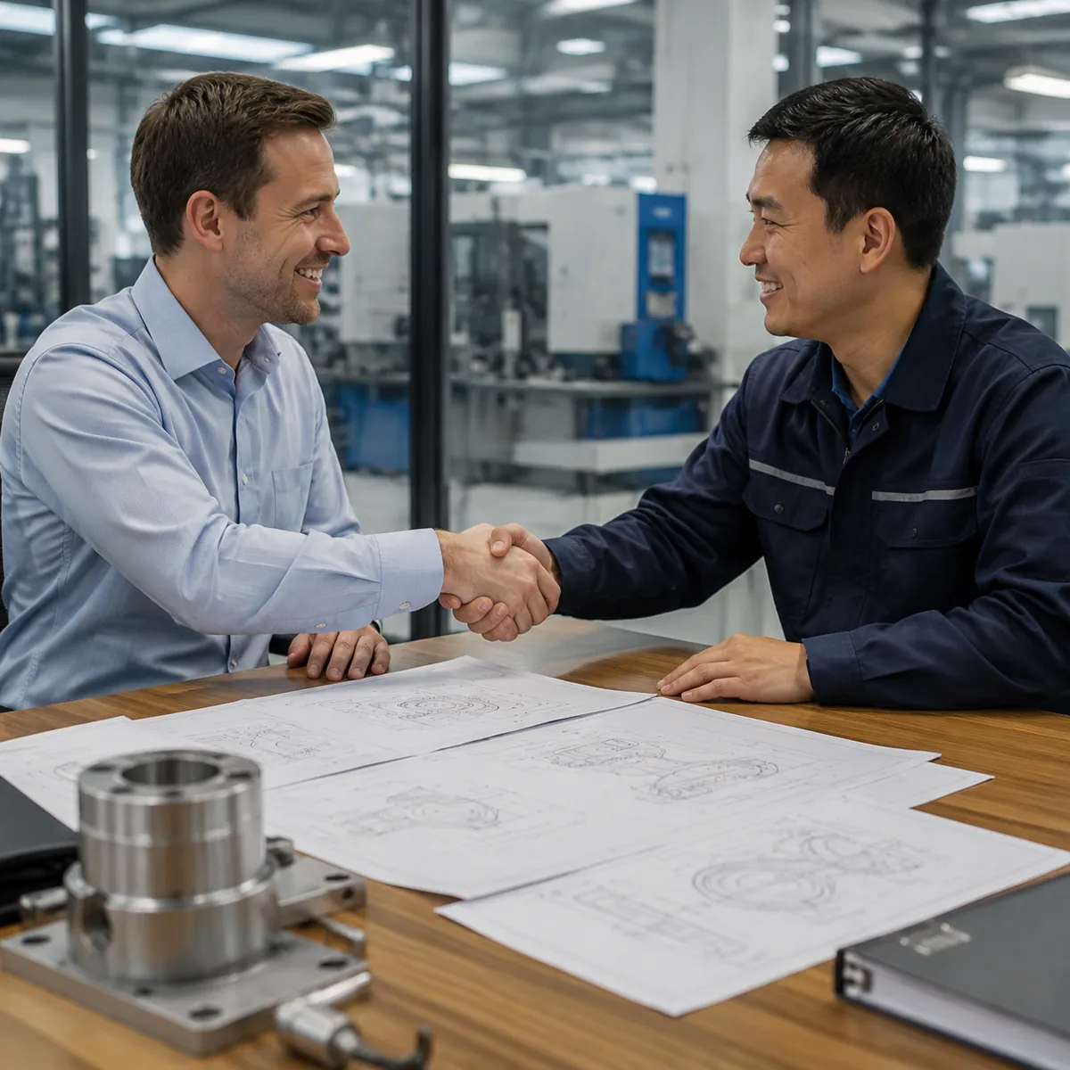 Buyer and supplier reviewing a proposal with engineering drawings