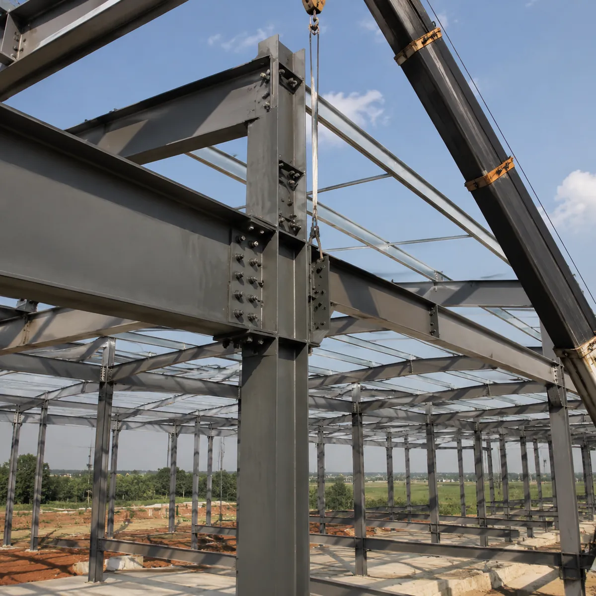 Pre-engineered steel building frame during erection with a crane