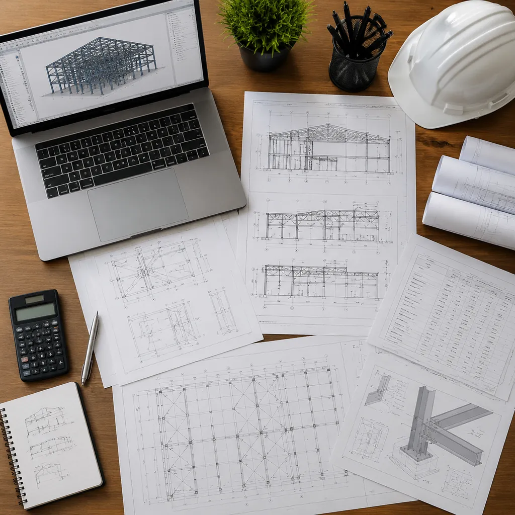Photorealistic top view of steel building technical drawings, structural calculation documents, and a laptop on an engineer's desk in a design office,