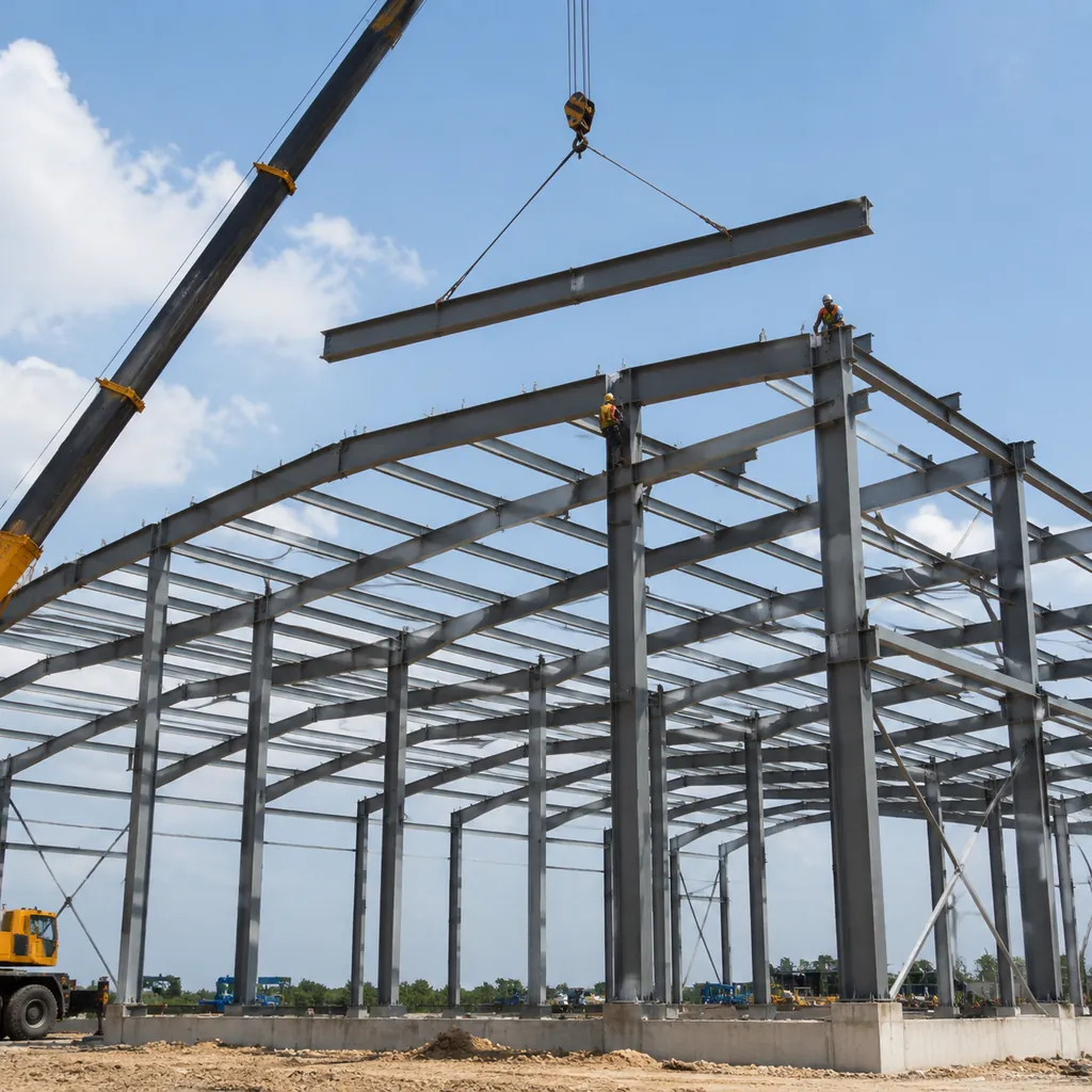 Steel portal frame warehouse under erection with crane lifting a rafter