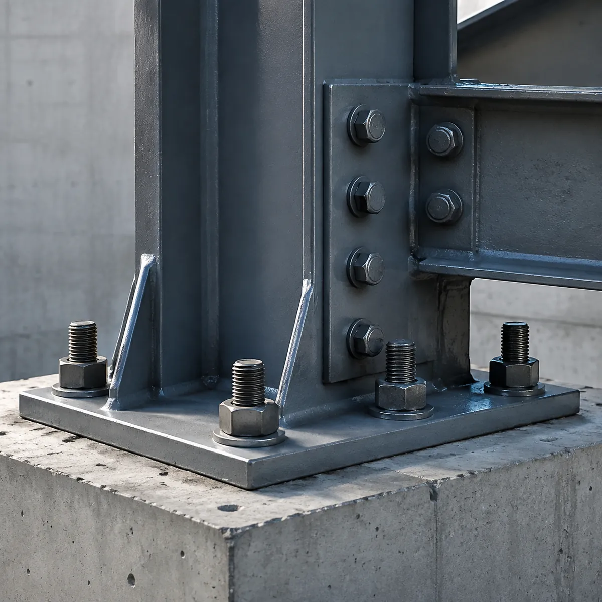 Bolted steel connection with base plate on concrete foundation
