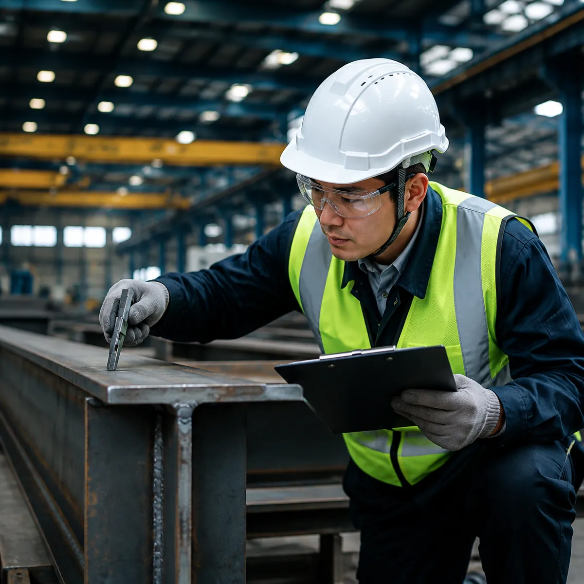 QC inspector checking a welded steel beam in a steel factory