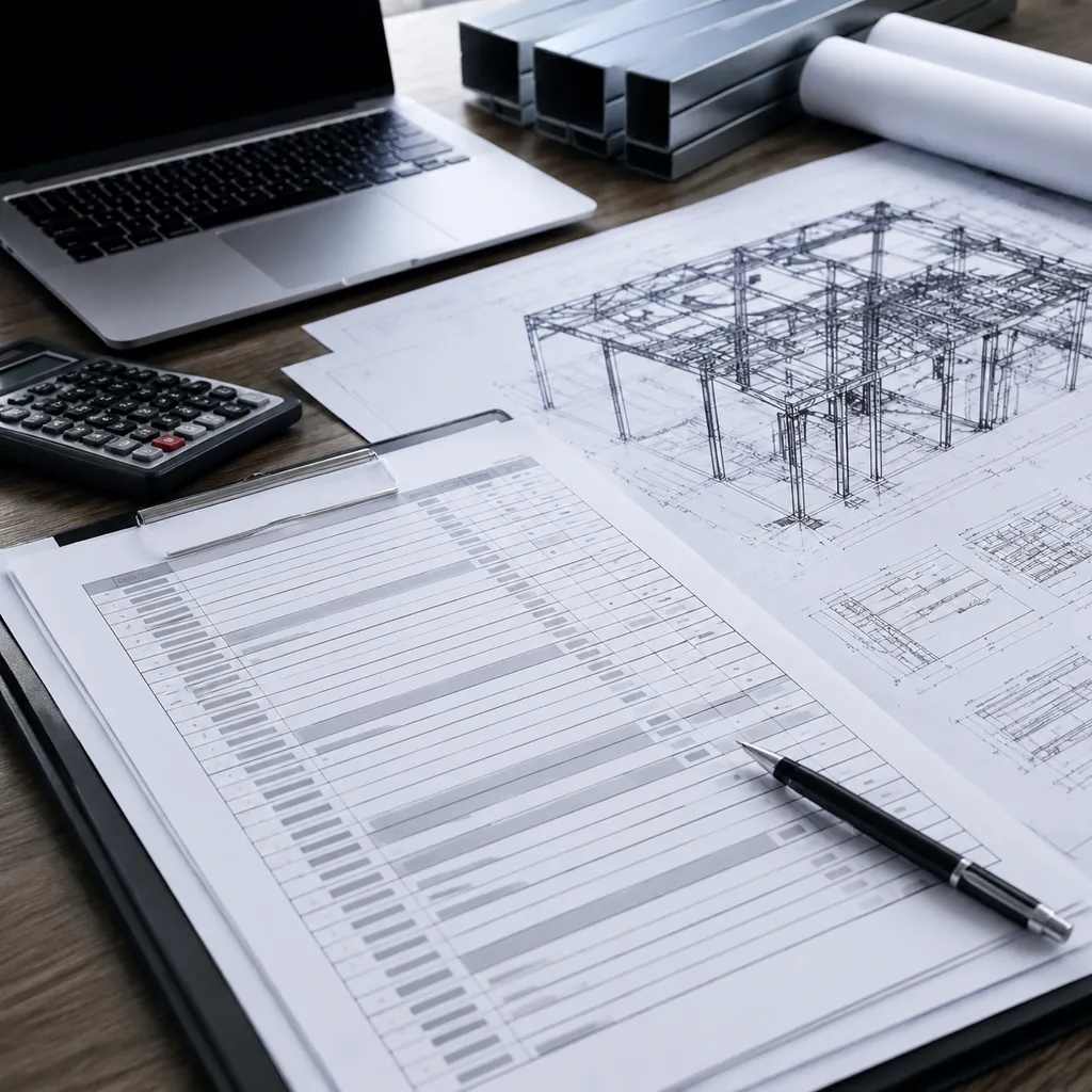 Itemized steel building quotation with drawings on a desk