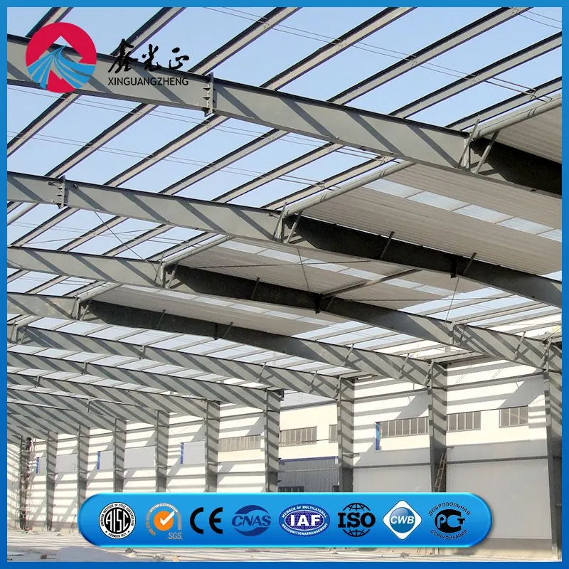 Steel warehouse interior with racking rows and clear span frame