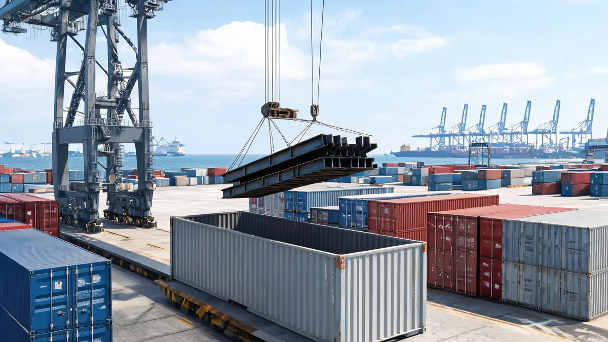 Steel structure members loaded into a container at an export port