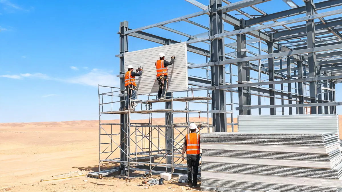 Workers installing insulated sandwich panel cladding on a steel warehouse