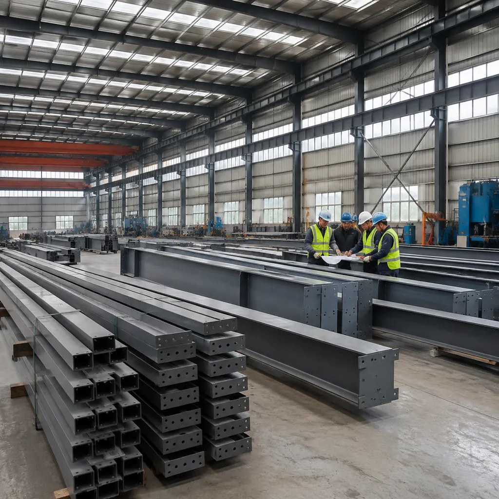 Prefab steel building fabrication workshop with portal frames - illustrative