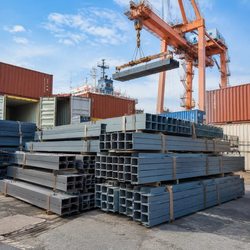 Steel structure members loaded for export at port - illustrative
