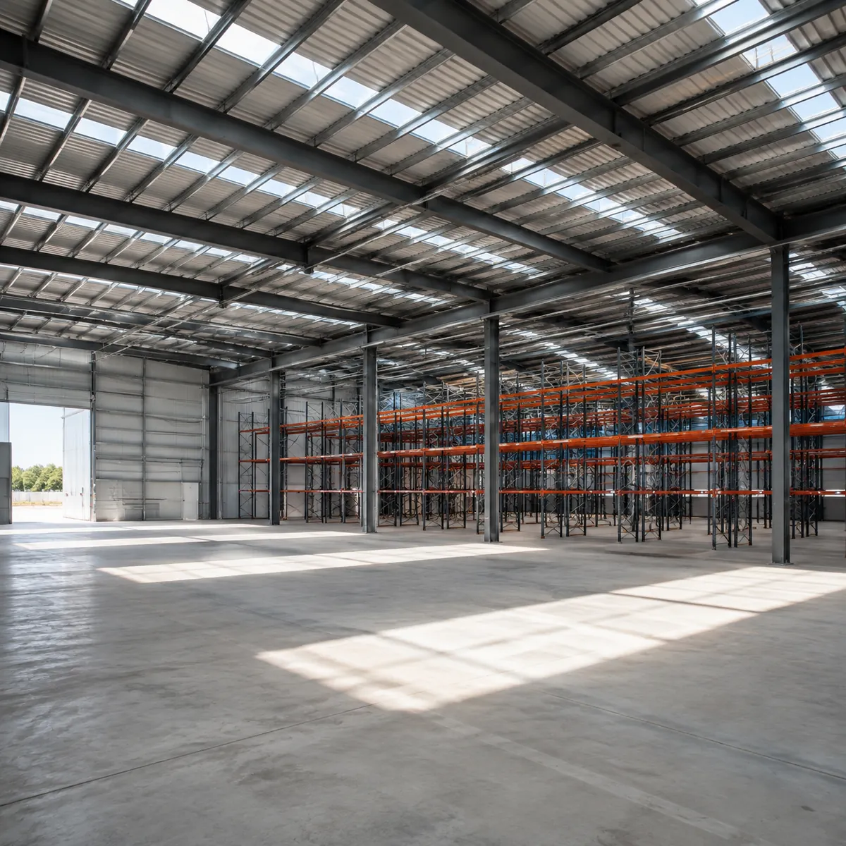 Bright steel warehouse interior lit by roof skylights
