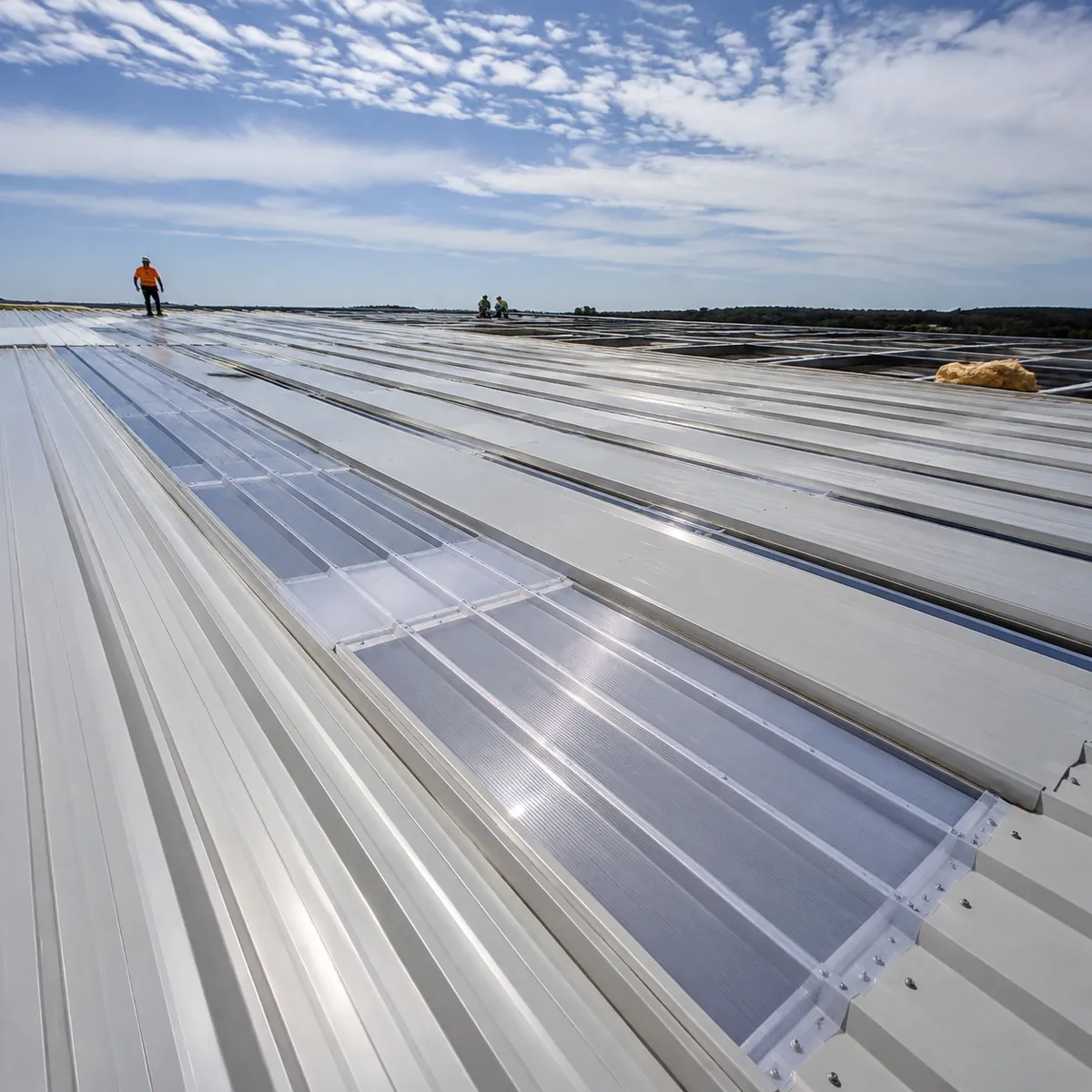 Translucent skylight panels installed on a steel warehouse roof