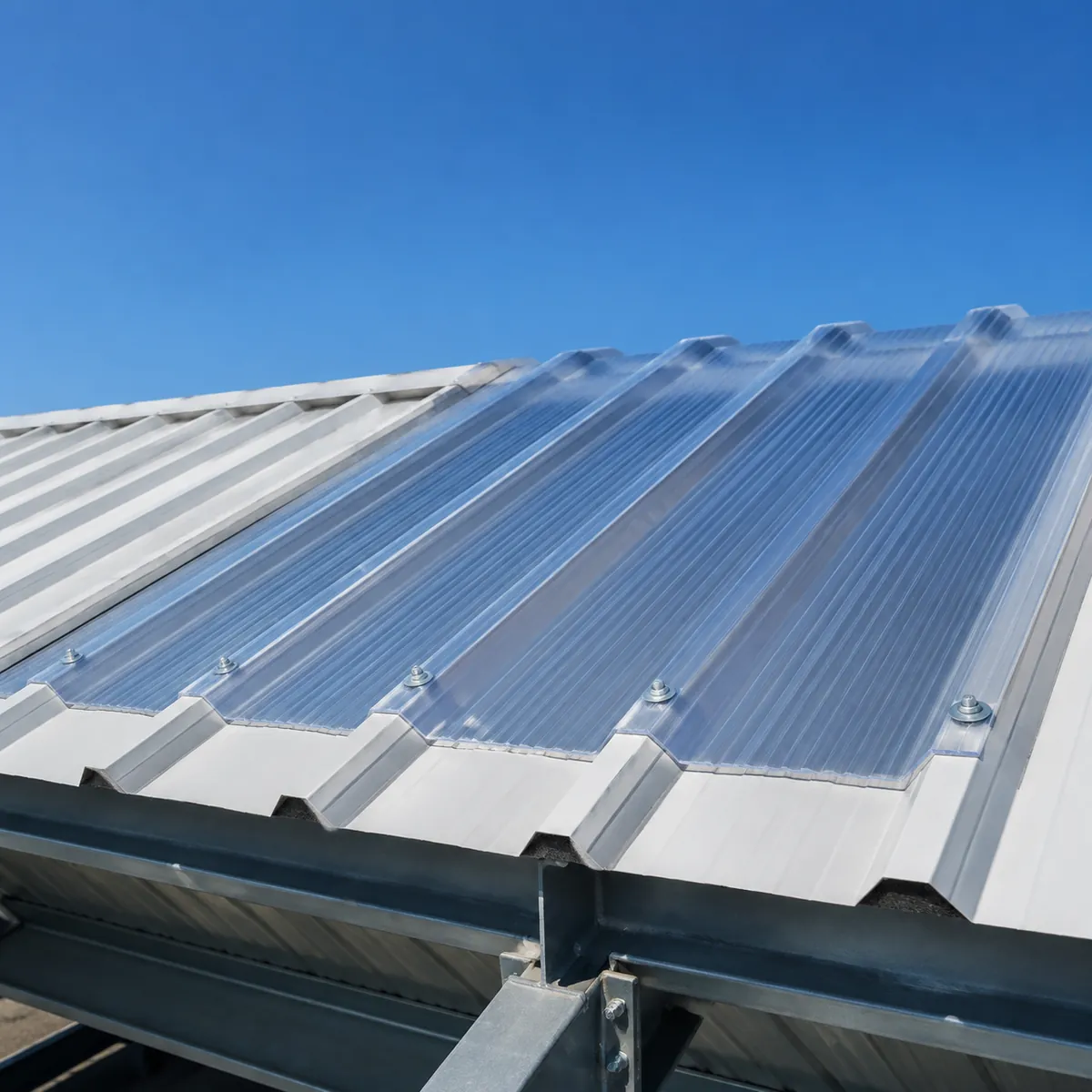 Close-up of a profiled translucent roof panel on a steel building