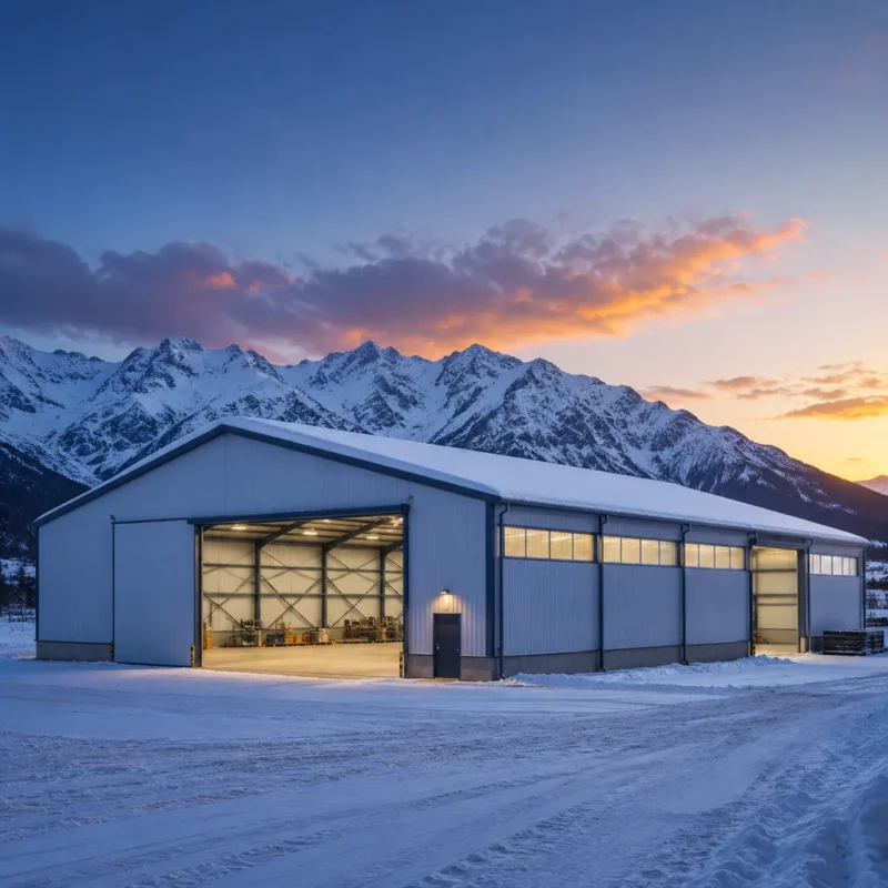 Prefab steel warehouse with snow-covered roof in a mountain region