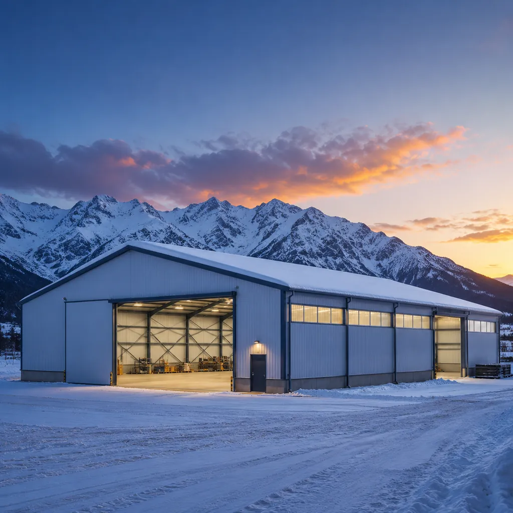 Prefab steel warehouse with snow-covered roof in a mountain region