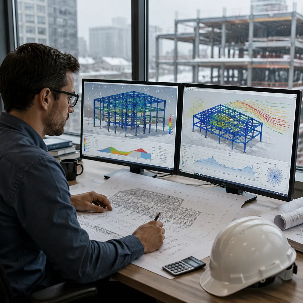 Engineer reviewing snow and wind load calculations for a steel building