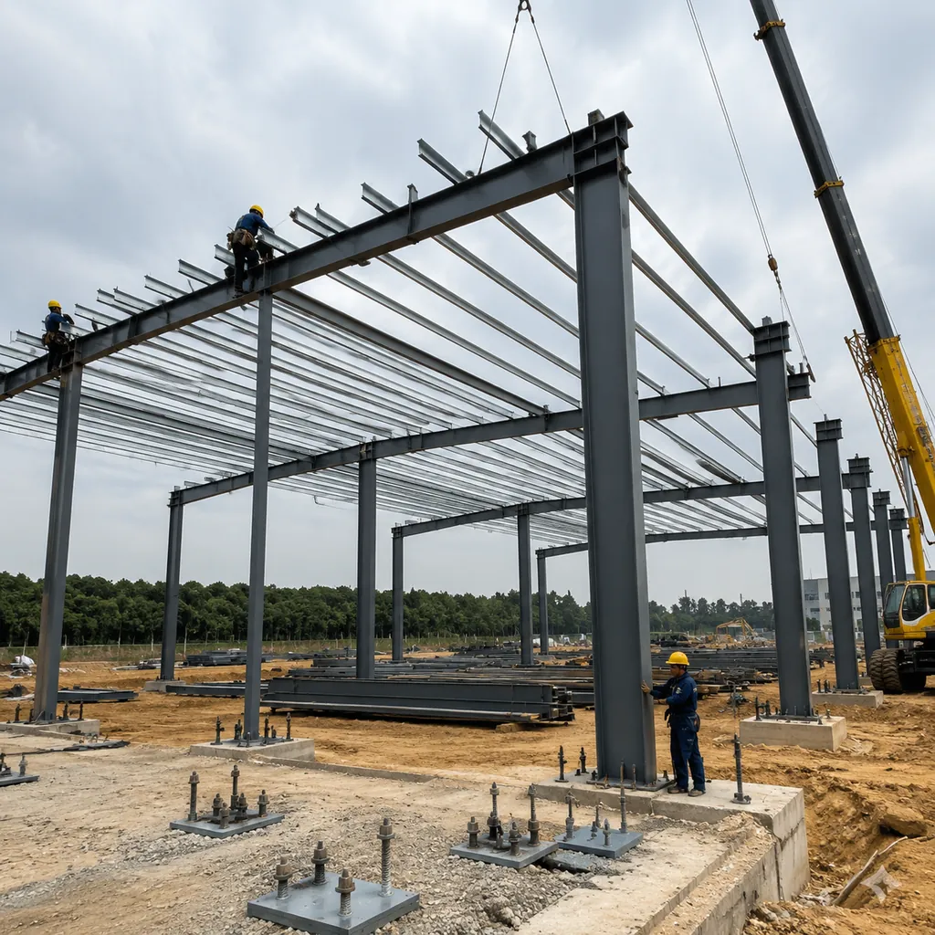 Steel building erection with purlins and anchor bolts designed for snow and wind loads