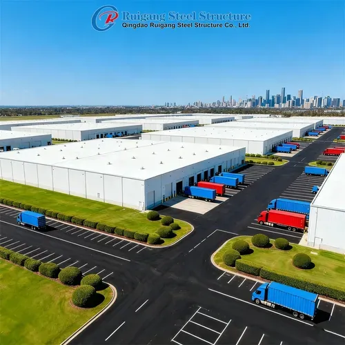 Prefab steel warehouse under construction in a warm climate