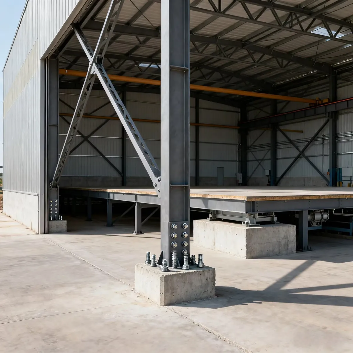 Tall steel warehouse interior with high eave clearance