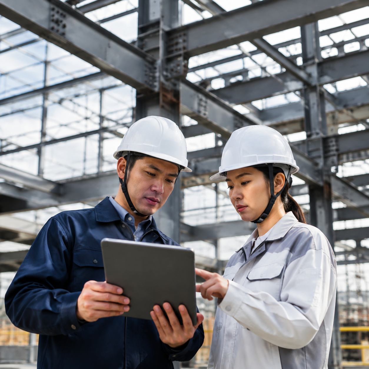 engineers checking steel frame load capacity