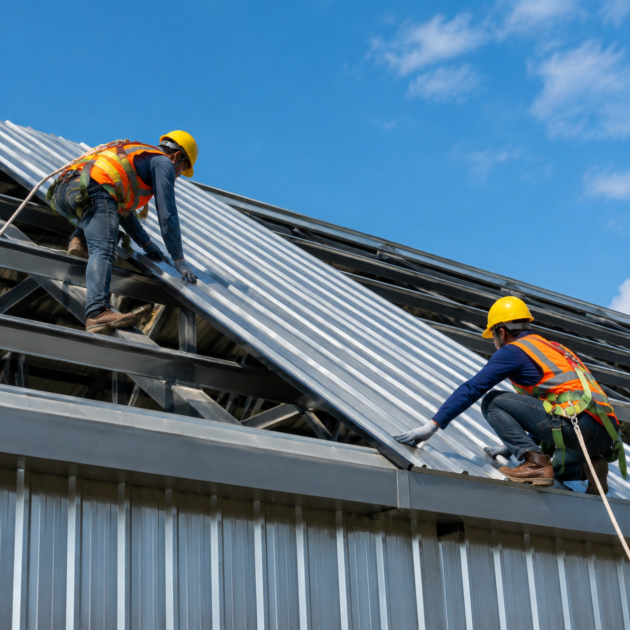 steel roof panel installation on warehouse