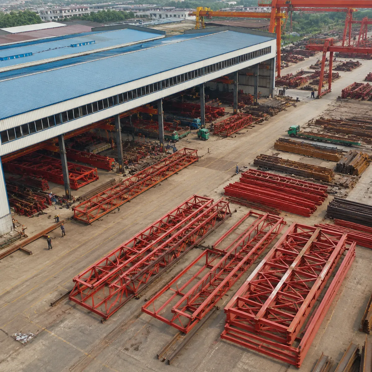 Aerial view of a steel fabrication factory yard with steel frames