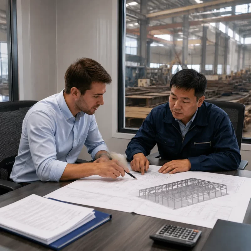 Buyer and factory manager reviewing steel structure quote documents