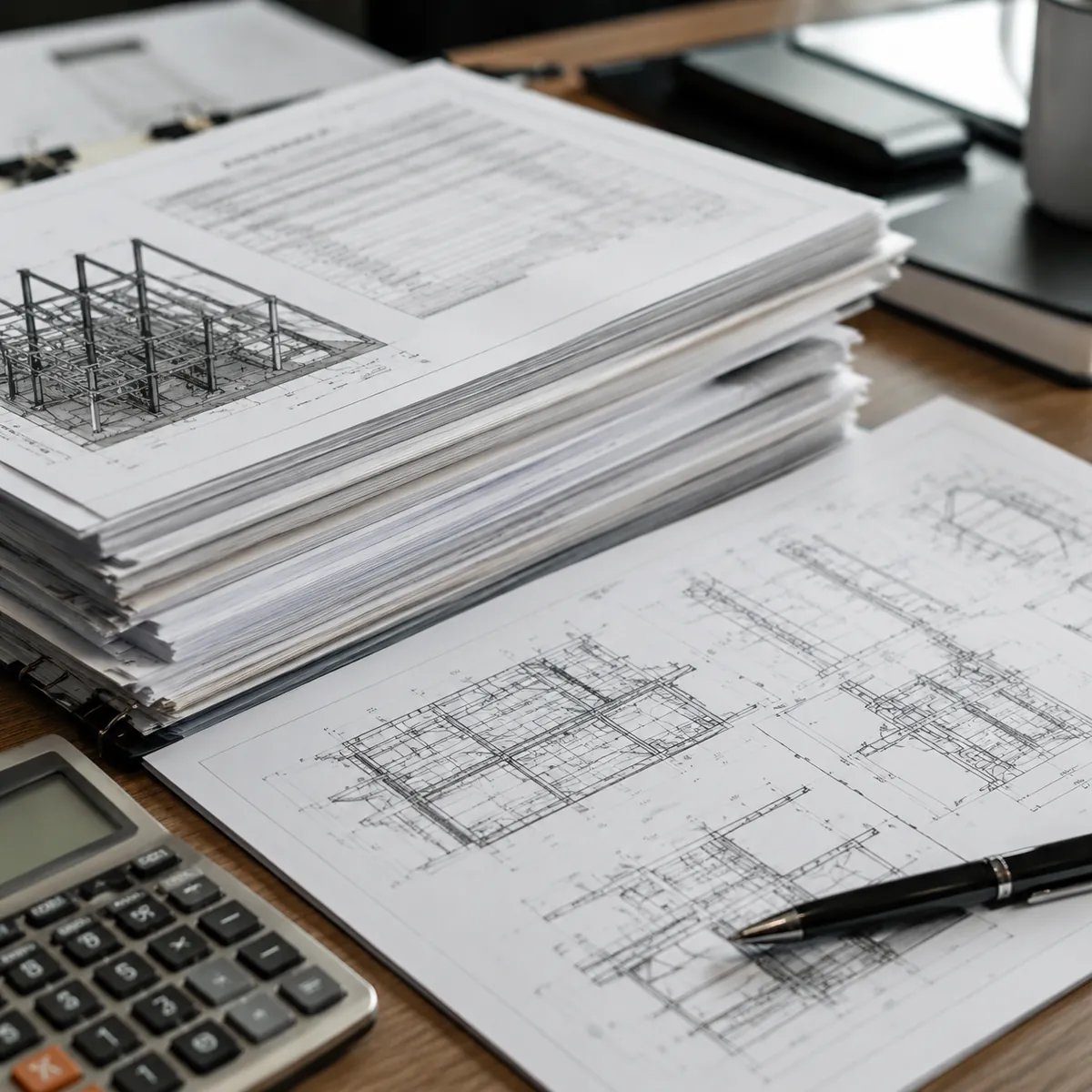 Steel structure quotation documents and drawings on a desk