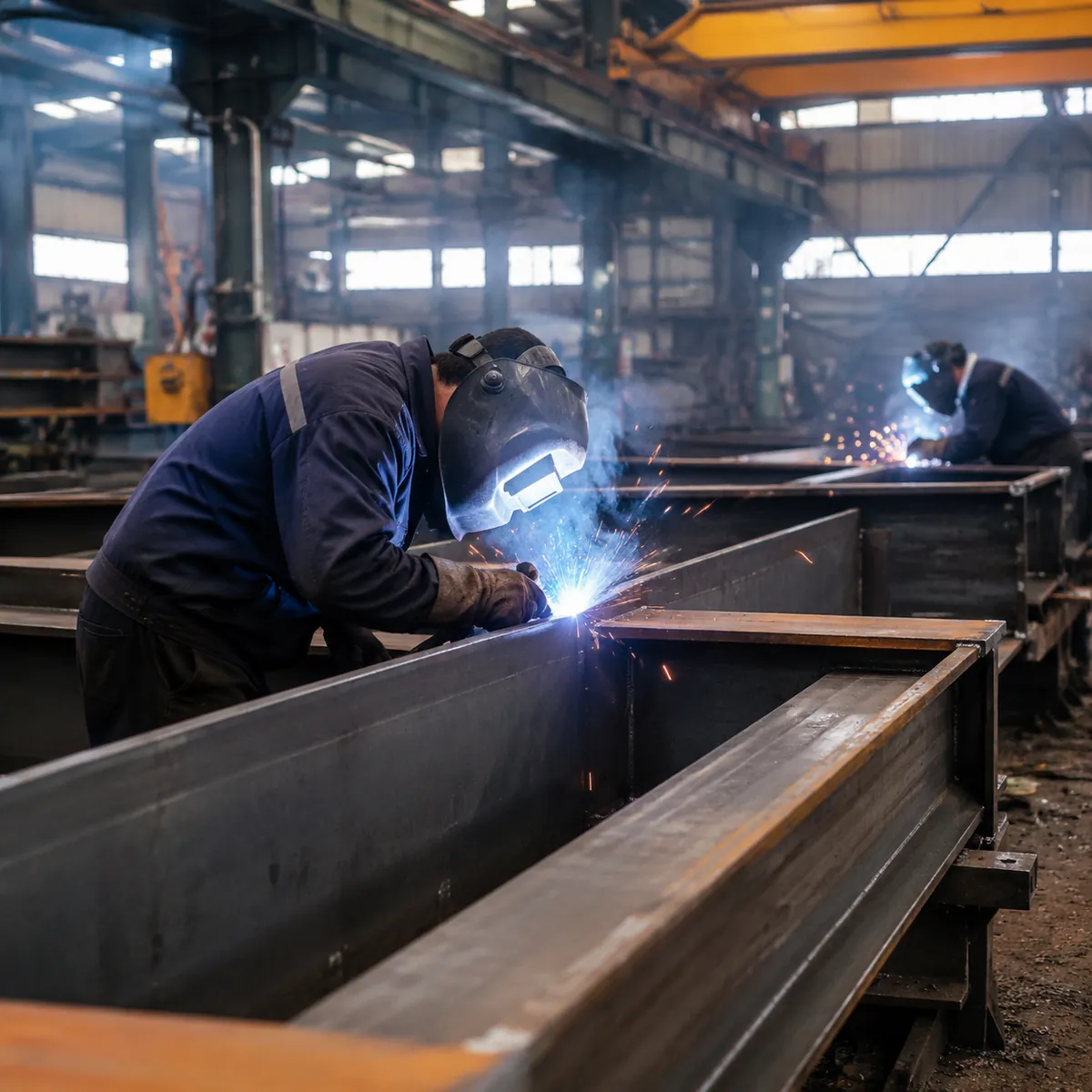 Steel fabrication shop with welded H-beams and workers