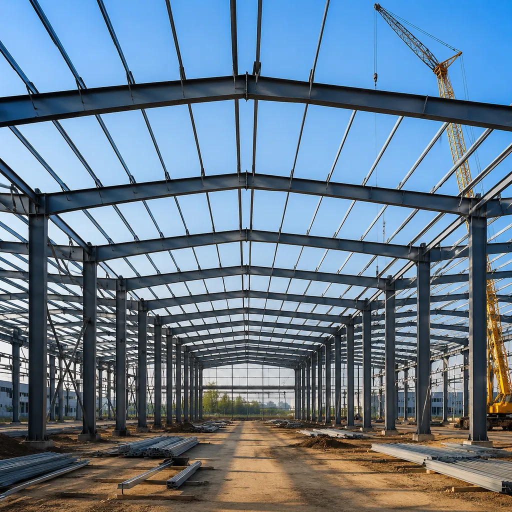 Wide-span prefab steel warehouse with portal frame under construction