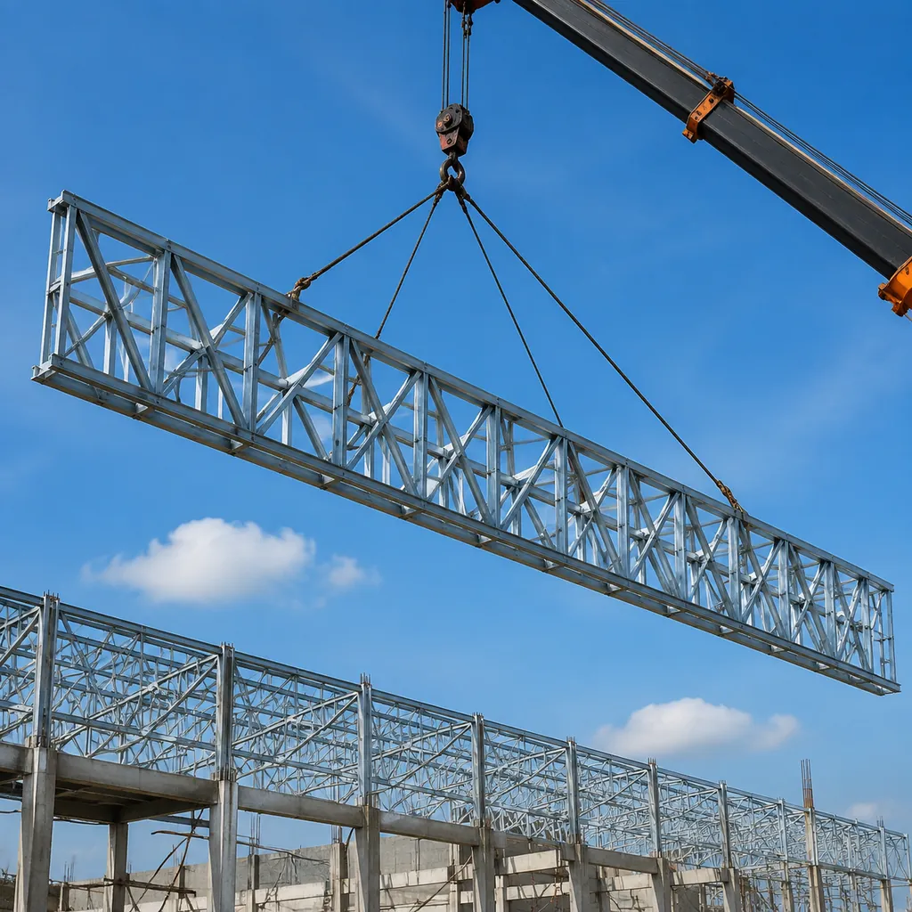 Steel roof truss lifted into position for a wide-span building