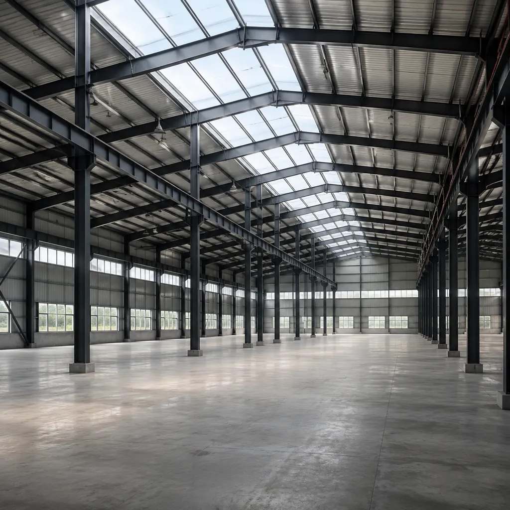 Interior of a wide-span steel warehouse showing clear floor space