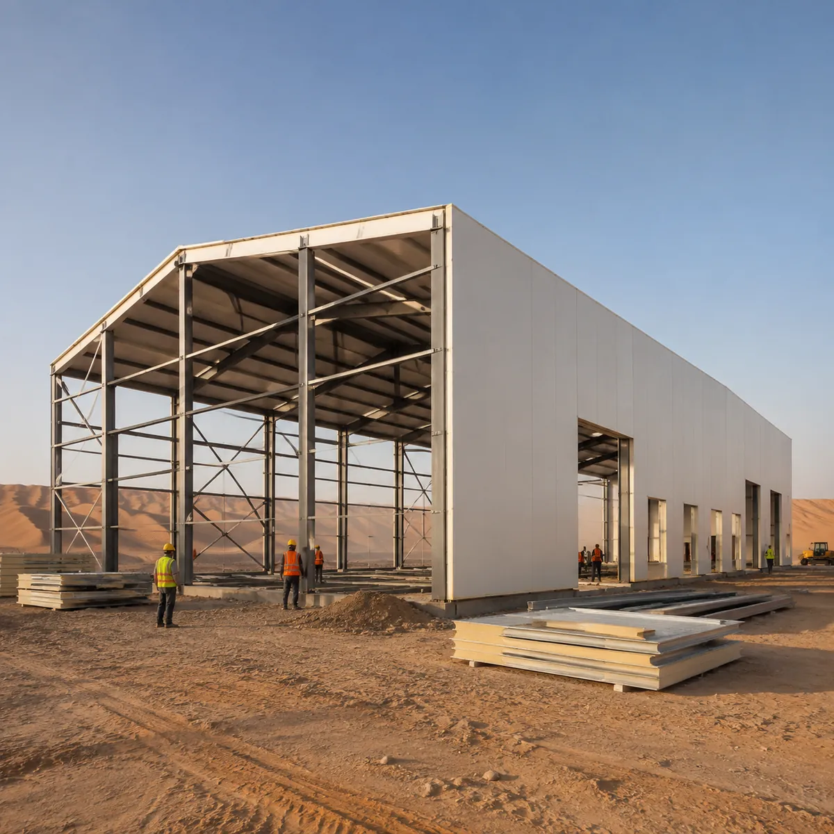 Steel warehouse in UAE under construction with insulated sandwich panels in desert setting