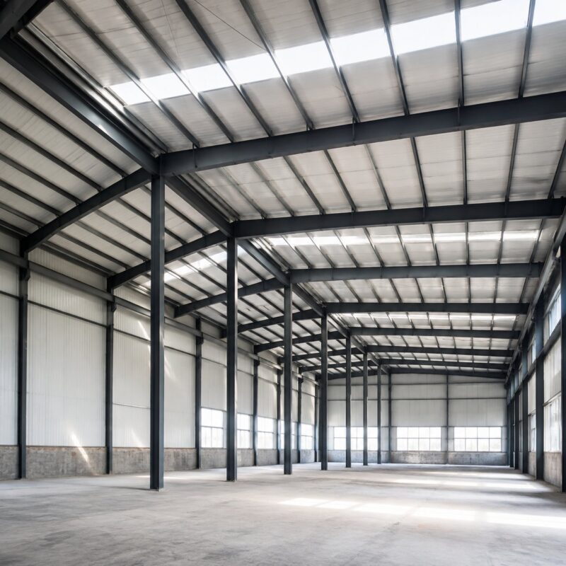 Portal frame steel building interior with columns and rafters