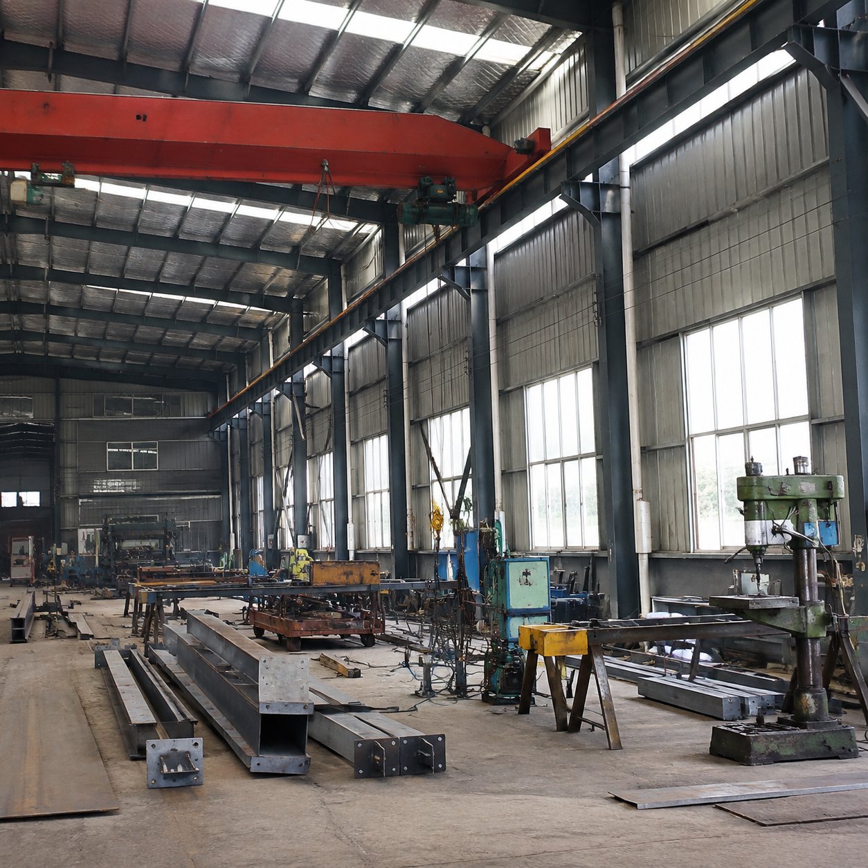 Steel workshop building with crane rail beams inside