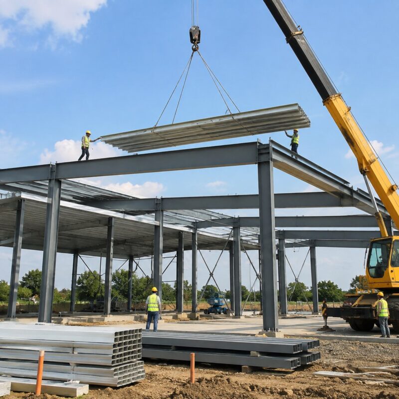 Prefab steel building frames being assembled on site with crane