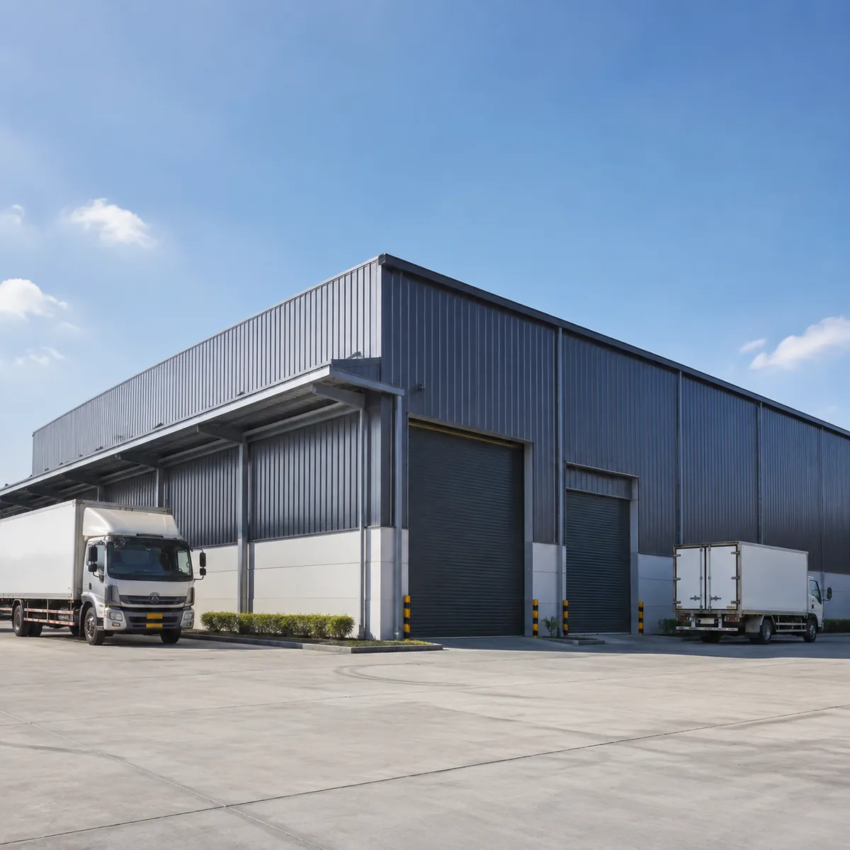 Completed prefab steel warehouse exterior