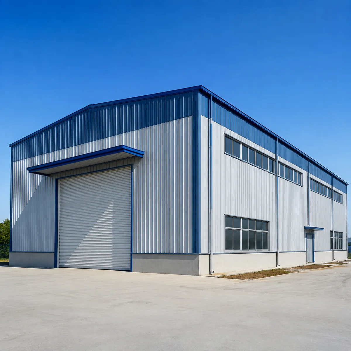 Complete prefabricated steel warehouse building exterior with steel cladding and roll-up door