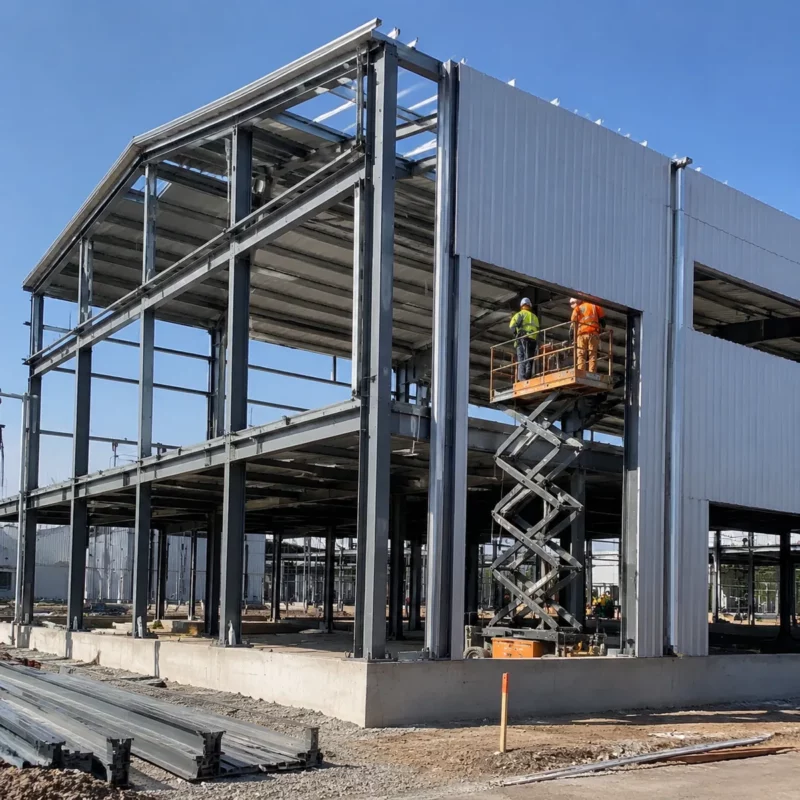 Steel workshop building under construction with partial cladding
