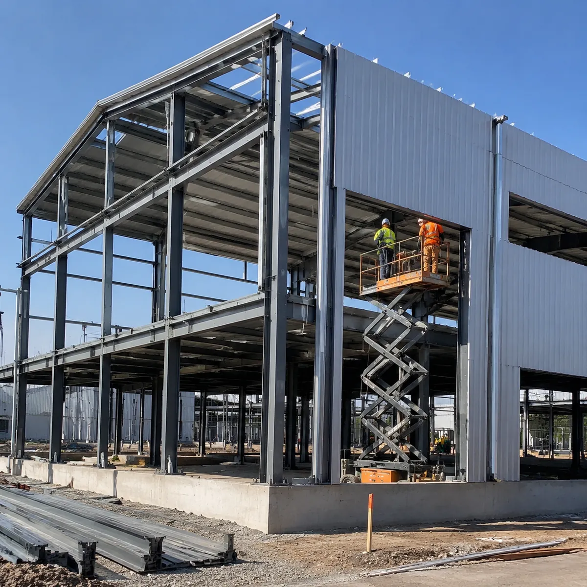 Steel workshop building under construction with partial cladding