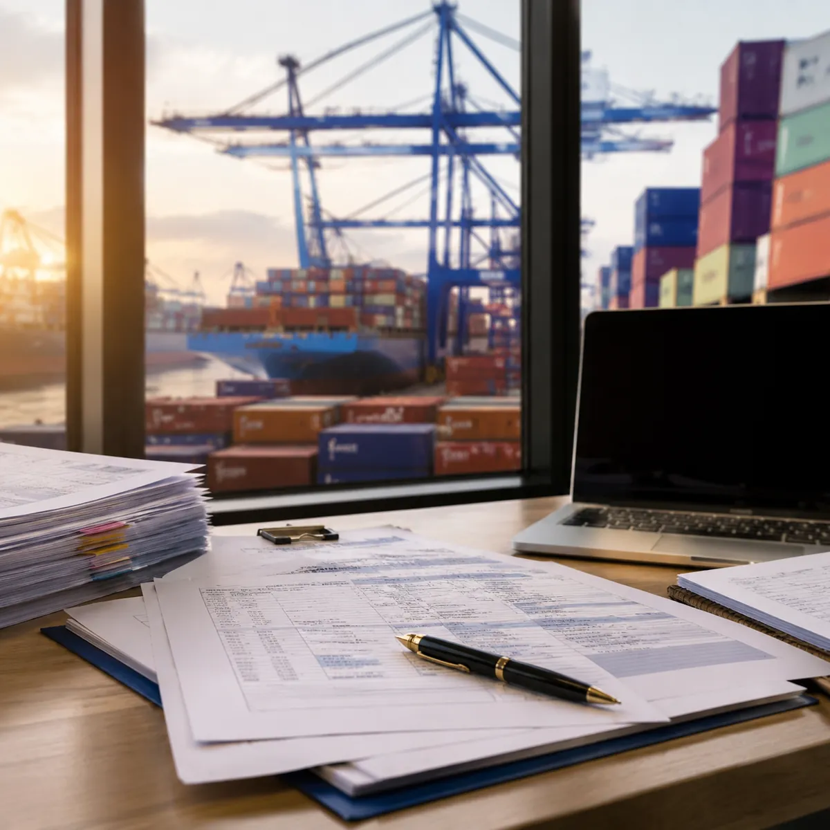 Export shipping documents and packing list on a shipping office desk