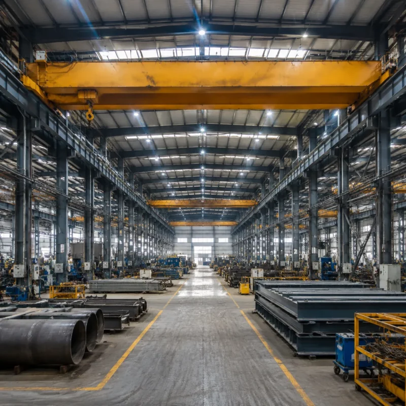 Steel workshop building interior with overhead crane rail