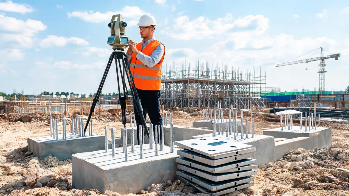 Surveyor checking anchor bolt groups on concrete footings before steel frame erection