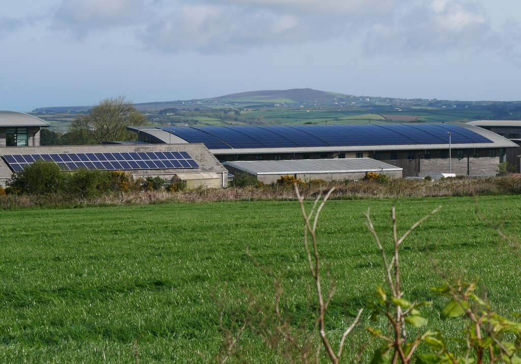 Commercial building rooftop covered with a solar panel array