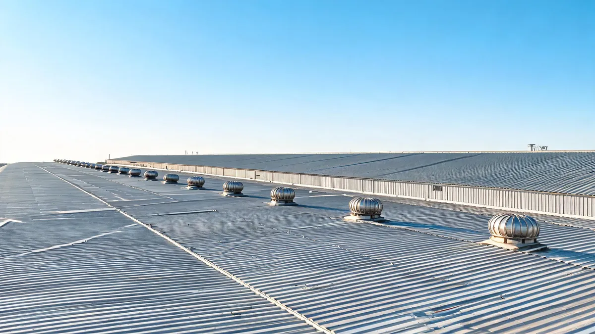 Turbine ridge ventilators mounted on the metal roof of a steel warehouse