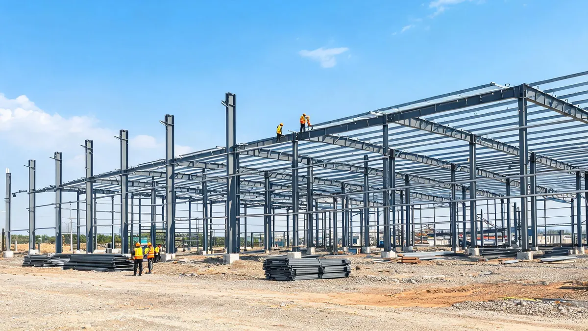 Large prefab steel warehouse under construction showing erected portal frames